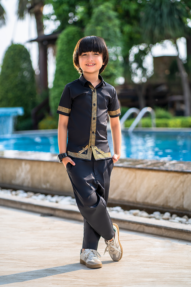 Black Block Printed Modern Suit For Kids