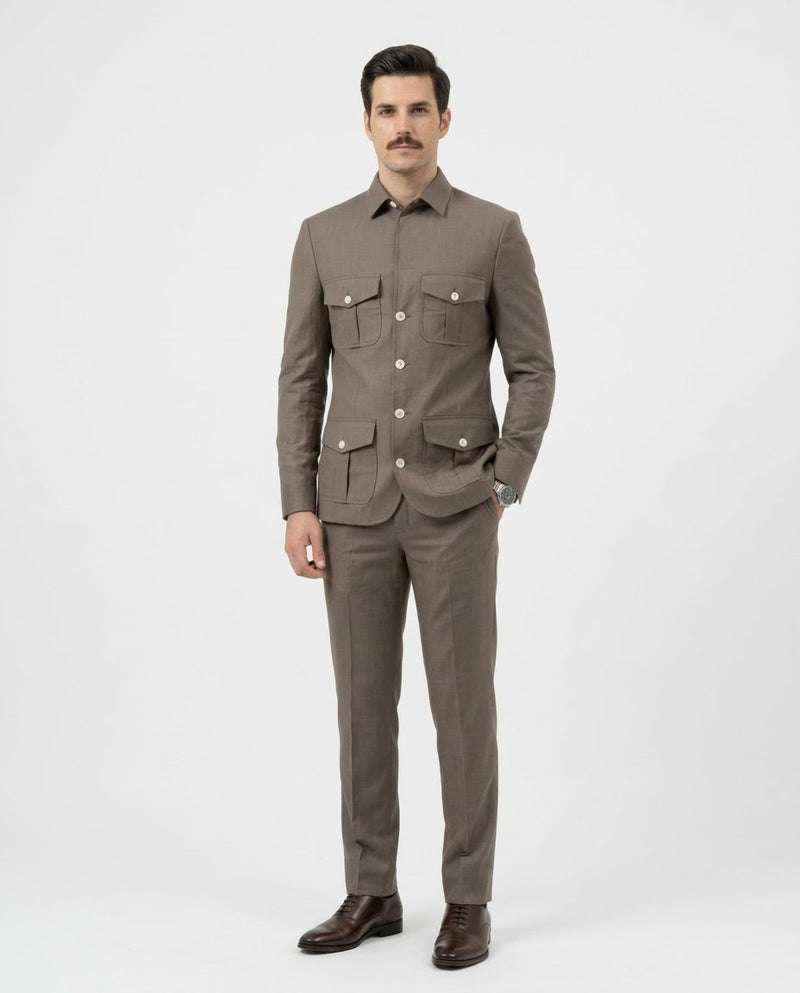 Taupe Pointed Collar Safari Suit