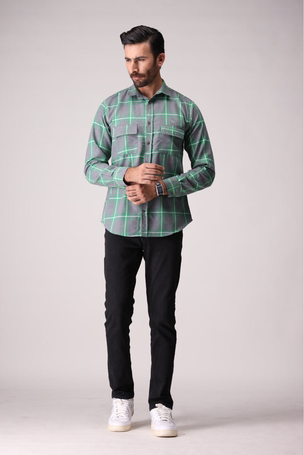 Grey and Green sharp lining flannel