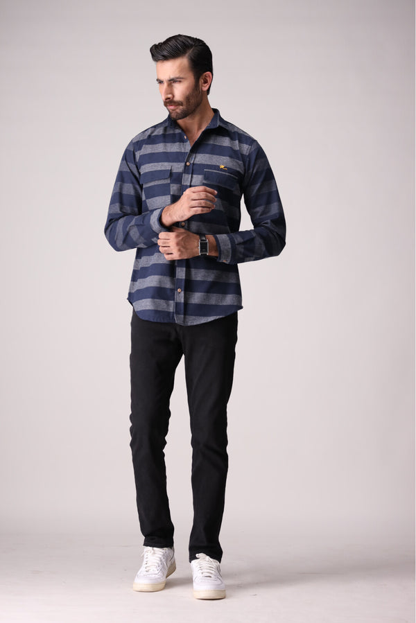 Navy Blue and Grey Bold Lining Flannel Shirt